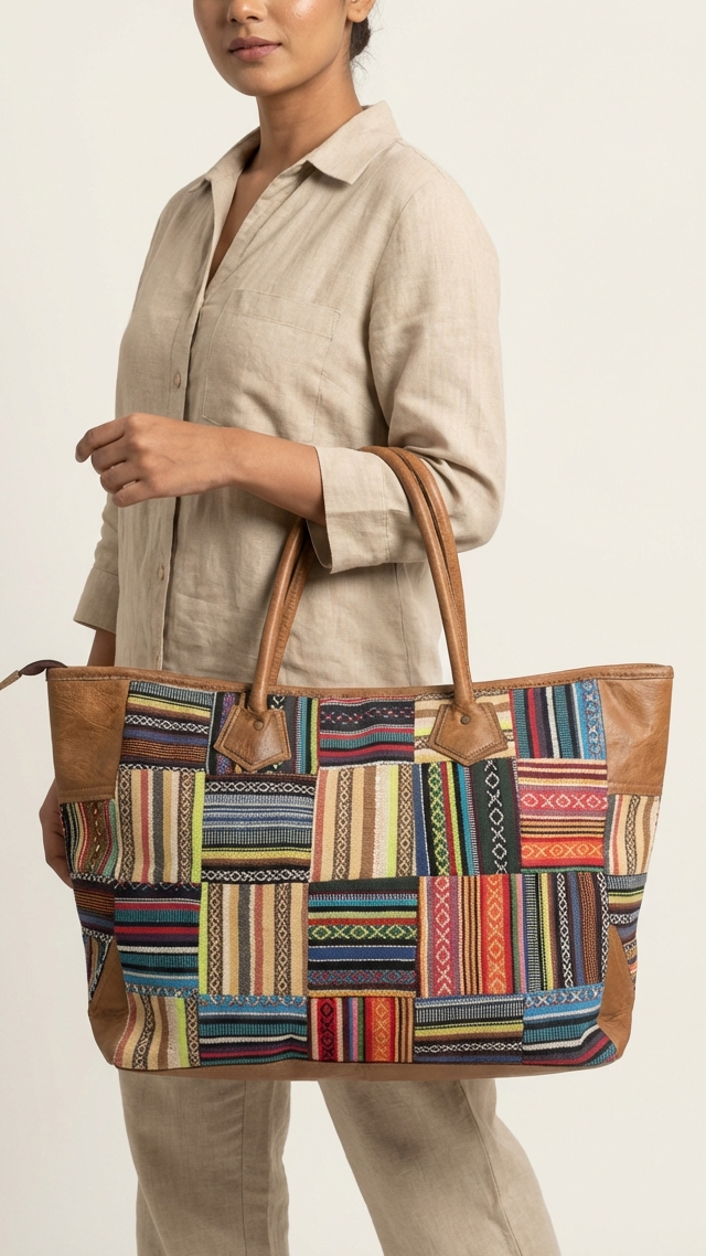 A woman holding a spacious multi-colored woven Gheri cotton patchwork weekender travel bag with a zipper closure and leather trim.