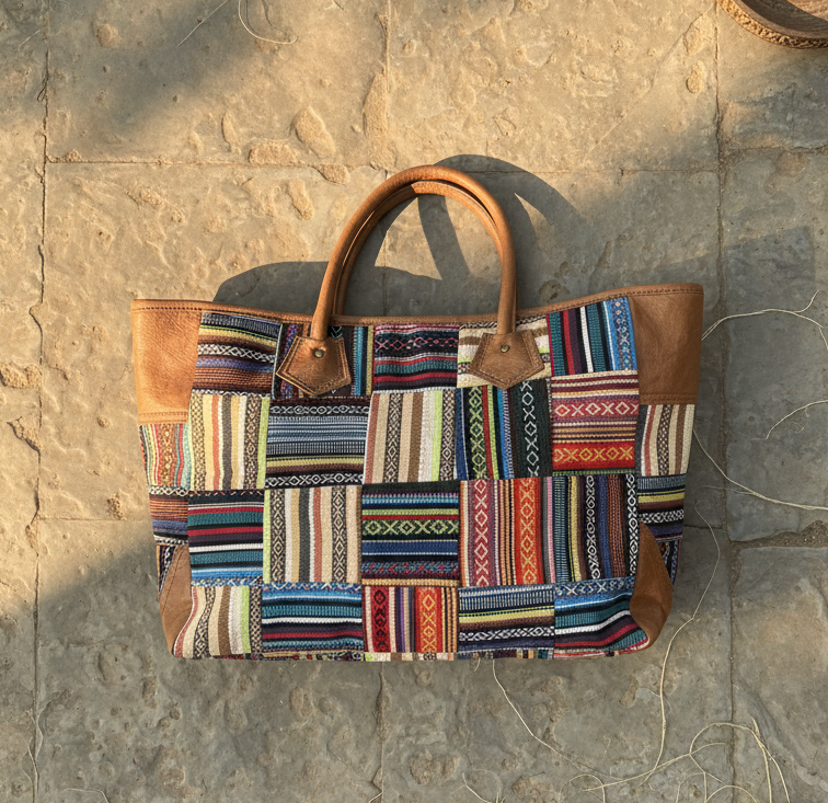 Patchwork bag with brown leather handles on a stone surface