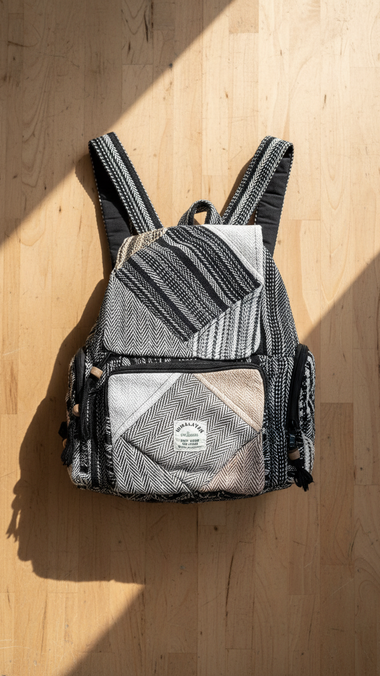 Black and white patterned backpack on a wooden surface