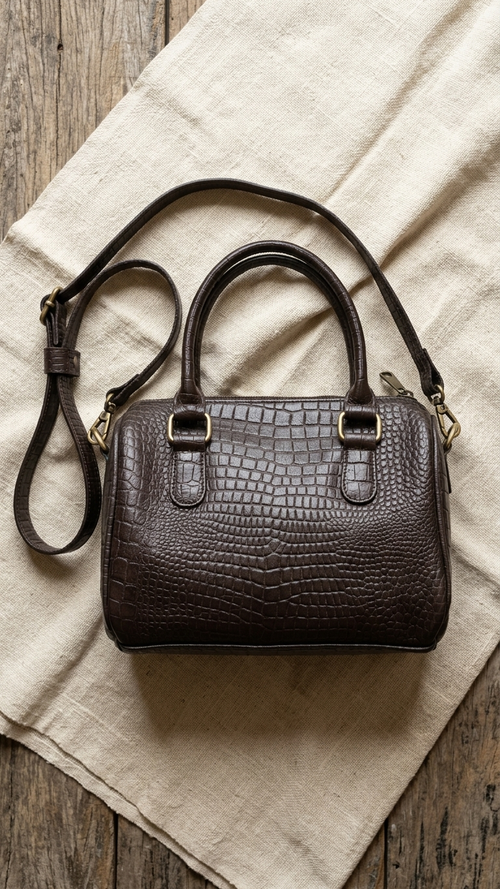 Elevate your look with the Verona. Featuring premium espresso crocodile-embossed leather, a classic structured silhouette, and a removable crossbody strap. Shop yours today.