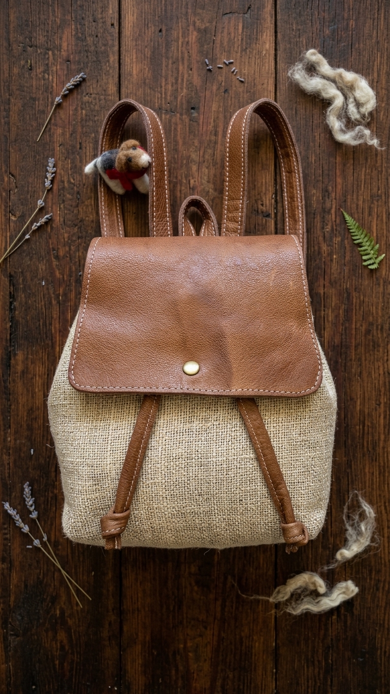 A small leather and burlap backpack laid flat on a dark wooden surface, surrounded by dried botanicals and soft natural fibers. The backpack has a tan leather flap with a snap closure, tan shoulder straps, and a natural beige woven body.