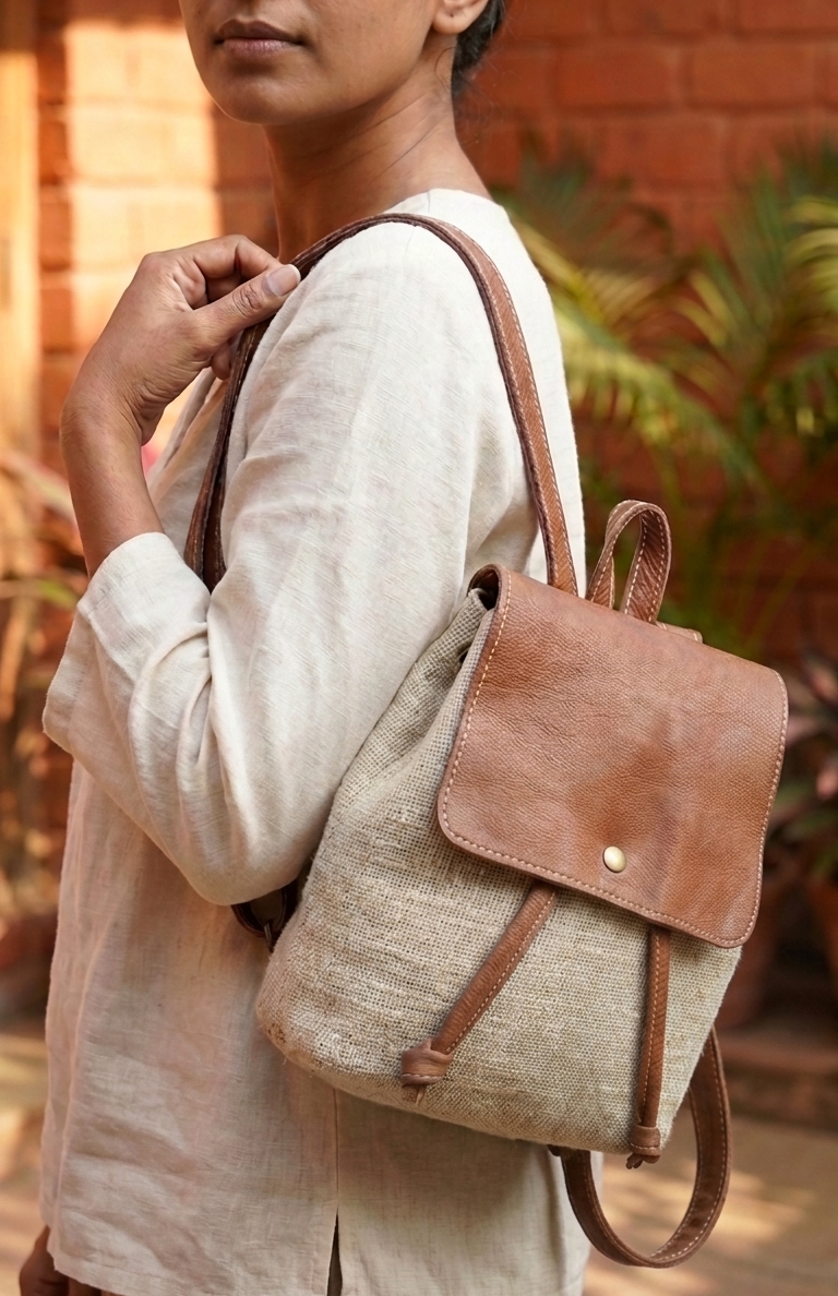 A woman wearing a cream-colored linen top carries a small backpack made of natural beige linen with brown leather straps and flap.