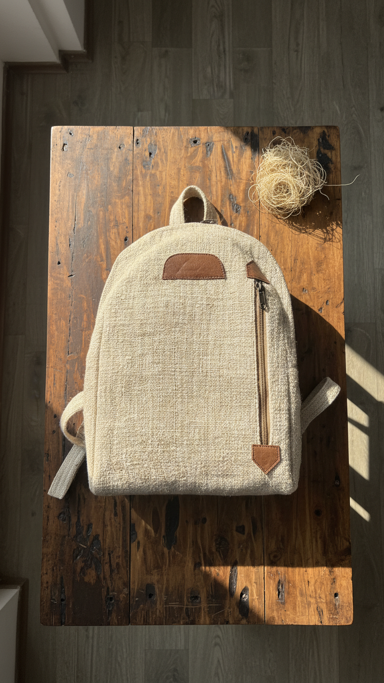 Beige backpack with wooden accents on a wooden surface