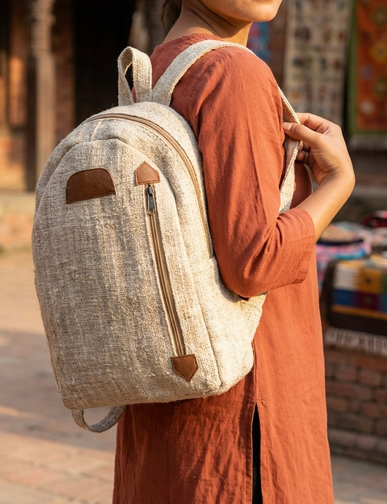 Person wearing a beige backpack with brown accents outdoors