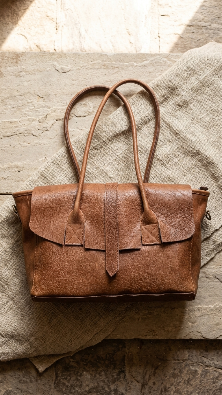 Embrace organic sophistication. The Terra Satchel features premium tumbled leather, raw-edge flap detailing, and a spacious interior. The perfect everyday statement bag.